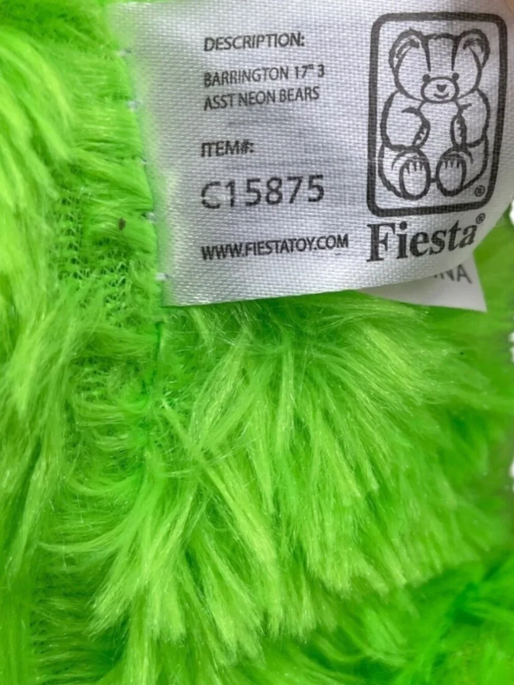 Vintage Fiesta Barrington 17" Neon Green Teddy Bear w/Bow Stuffed Plush Animal - Picture 7 of 9